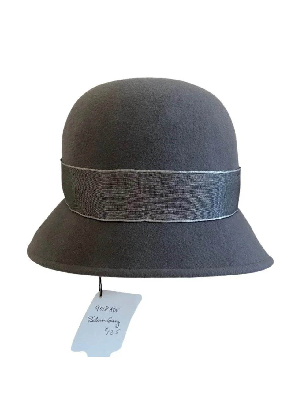 Louise Green Beaded Gray Felt Cloche Hat With Satin Band & Embellished Detailing
